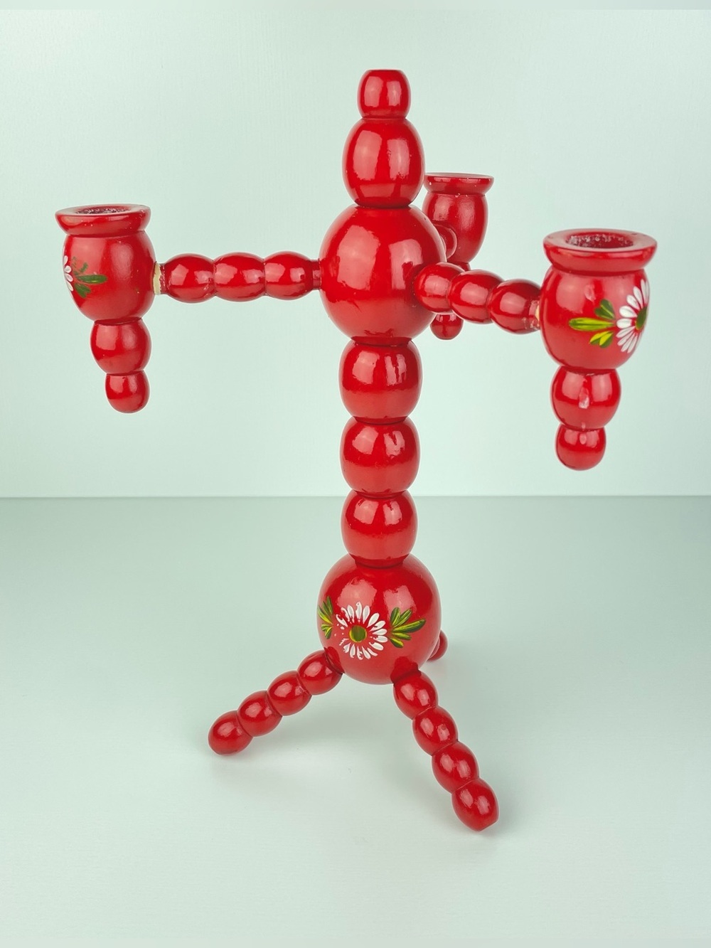 VTG Swedish 3 Armed Red Floral Candelabra Scandinavian Folk Art Candleholder